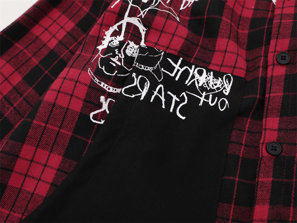 Oversized-Flanellhemd mit Karografik und Graffiti-Print – Herren-Langarmhemd im Patchwork-Stil