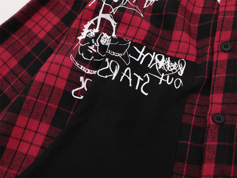 Oversized-Flanellhemd mit Karografik und Graffiti-Print – Herren-Langarmhemd im Patchwork-Stil