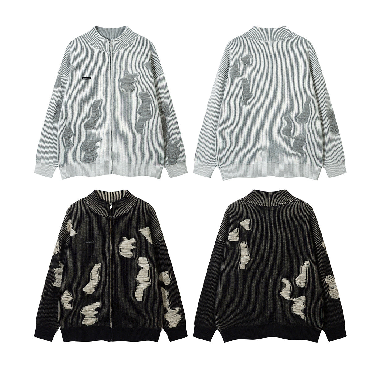 Distressed Knit Zip-Up Cardigan Jacket – Reversible Ribbed Sweater Coat