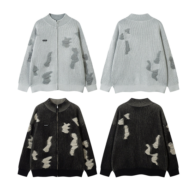 Distressed Knit Zip-Up Cardigan Jacket – Reversible Ribbed Sweater Coat