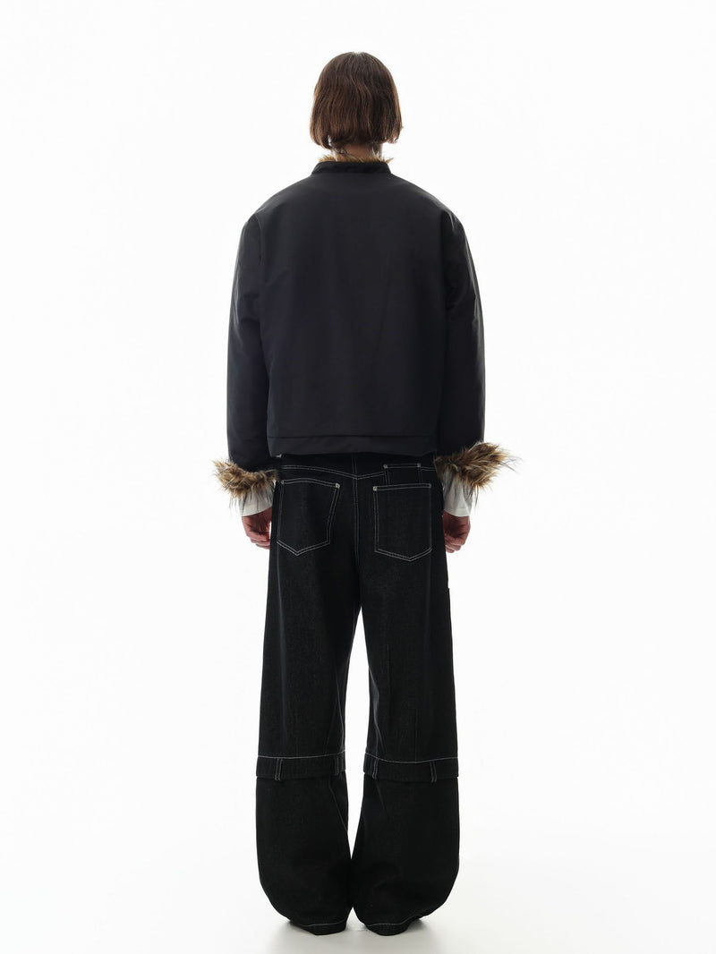 Faux Fur Trim Padded Jacket with Stand Collar & Button Front