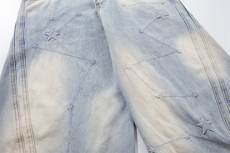 Star Embroidery Wide-Leg Jeans – Vintage Washed Baggy Denim