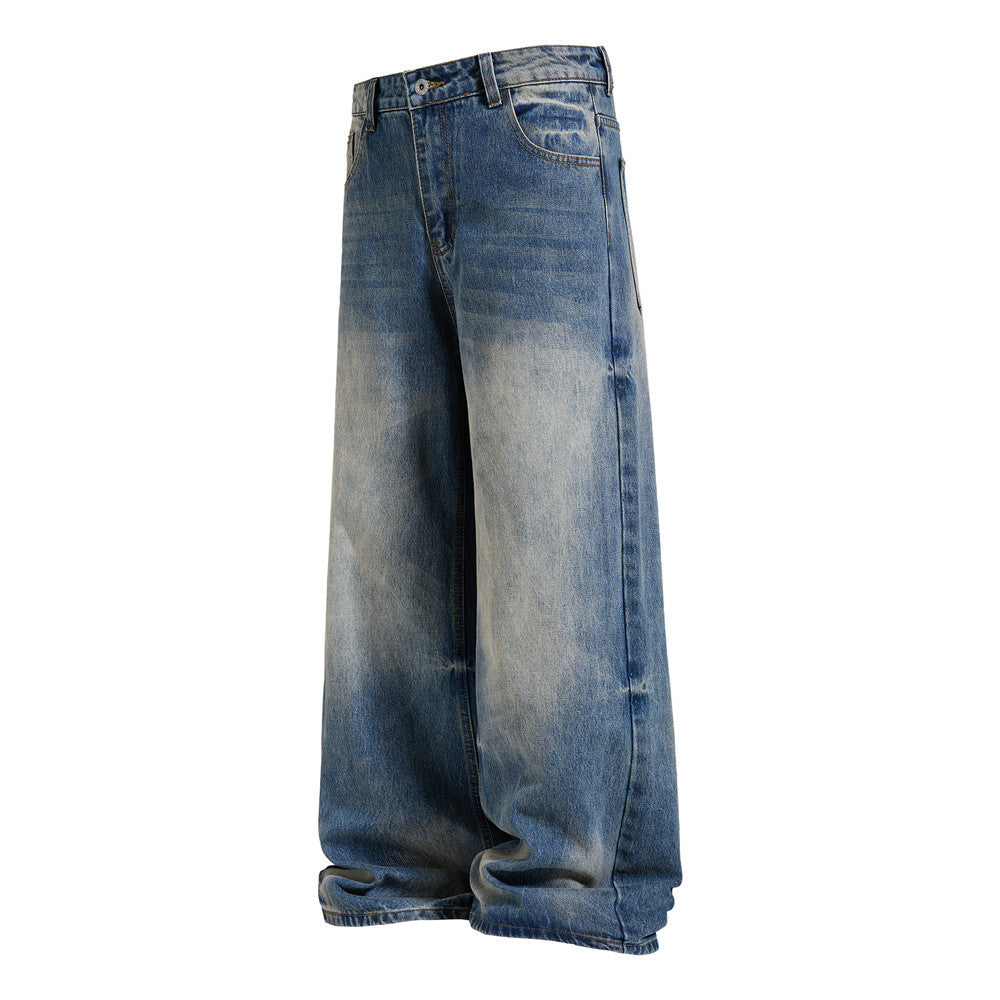 Vaqueros azules para hombre – Pantalón vaquero recto vintage lavado, de pierna ancha y corte baggy