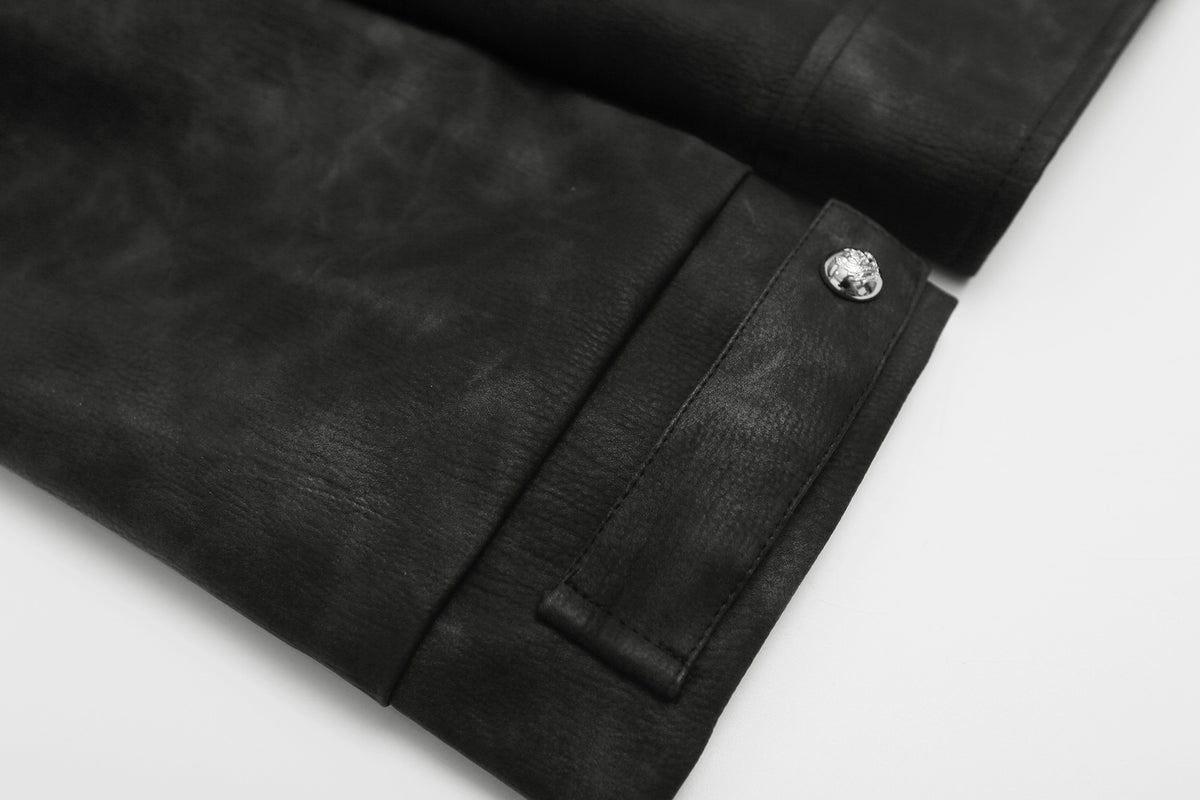 Military-Style Faux Leather Jacket – Punk Band Collar with Decorative Buttons