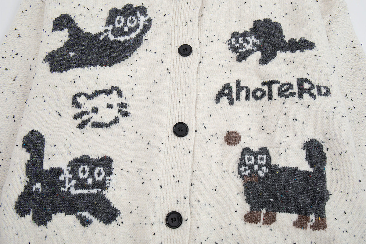 Cartoon Cat Jacquard Knit Cardigan Sweater – Varsity-Trim Button-Up