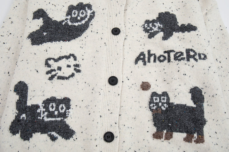 Cartoon Cat Jacquard Knit Cardigan Sweater – Varsity-Trim Button-Up