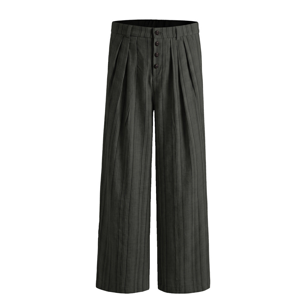 Pantalones de pierna ancha de rayas con pinzas – Corte relajado y cierre frontal de botones