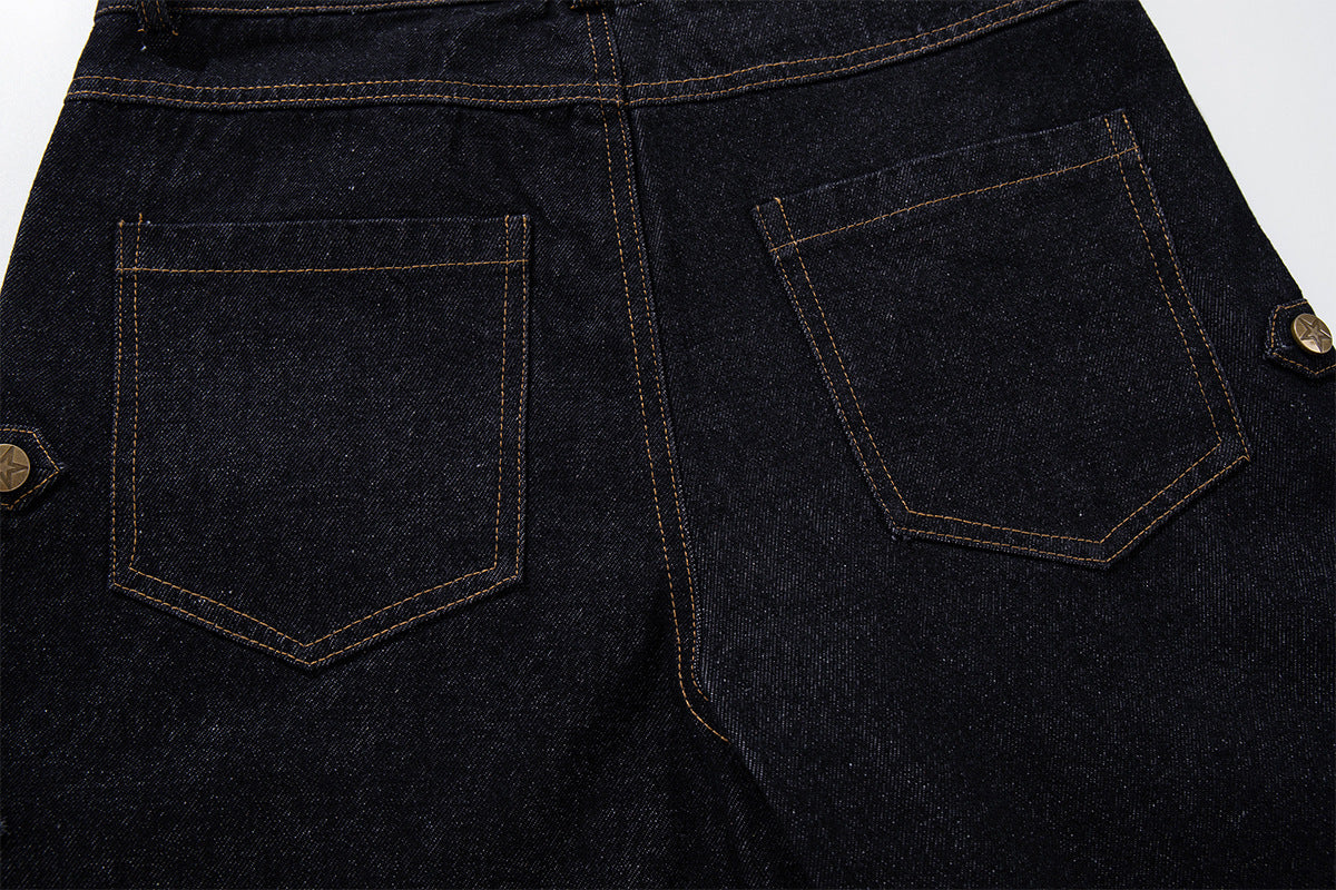 Jean brut baggy à jambes larges, pantalon cargo avec braguette à boutons dorés et détails cloutés