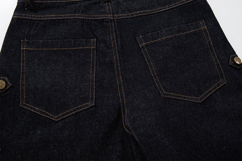 Jean brut baggy à jambes larges, pantalon cargo avec braguette à boutons dorés et détails cloutés