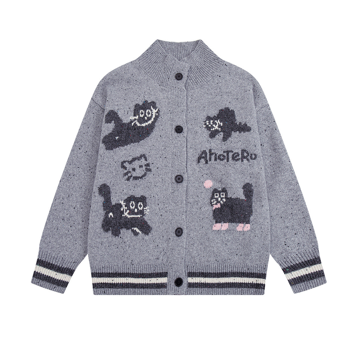 Cartoon Cat Jacquard Knit Cardigan Sweater – Varsity-Trim Button-Up
