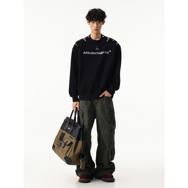 Sweat-shirt punk streetwear à col rond avec anneaux métalliques sur les épaules