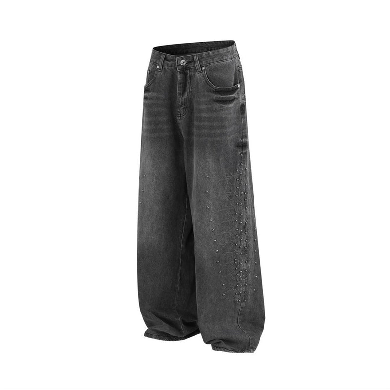 Men's Baggy Wide-Leg Jeans – Studded & Embroidered Washed Denim