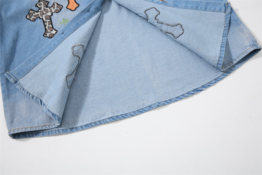 Denim Shirt Men's Long Sleeve Cross Patch Embroidery Leopard Collar Oversized