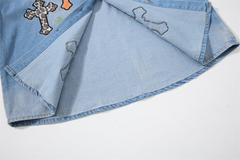 Denim Shirt Men's Long Sleeve Cross Patch Embroidery Leopard Collar Oversized