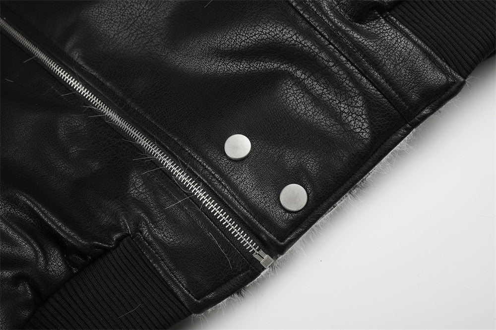 Men's Faux Leather Bomber Jacket with Diagonal Zip & Faux Fur Collar