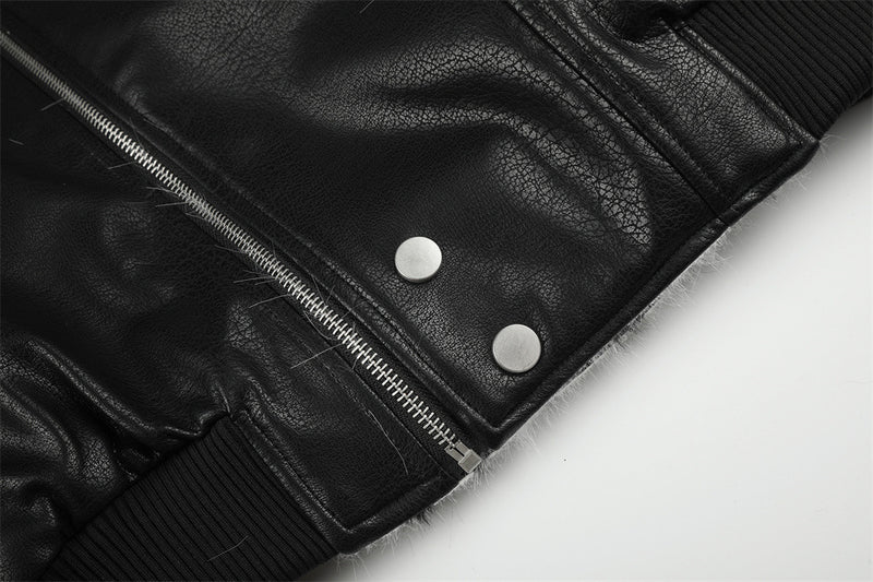 Men's Faux Leather Bomber Jacket with Diagonal Zip & Faux Fur Collar