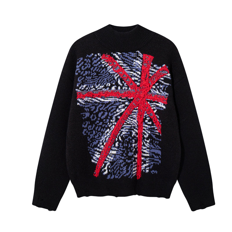 Union Jack Jacquard Knit Sweater – Oversized Crew Neck with Distressed Hem