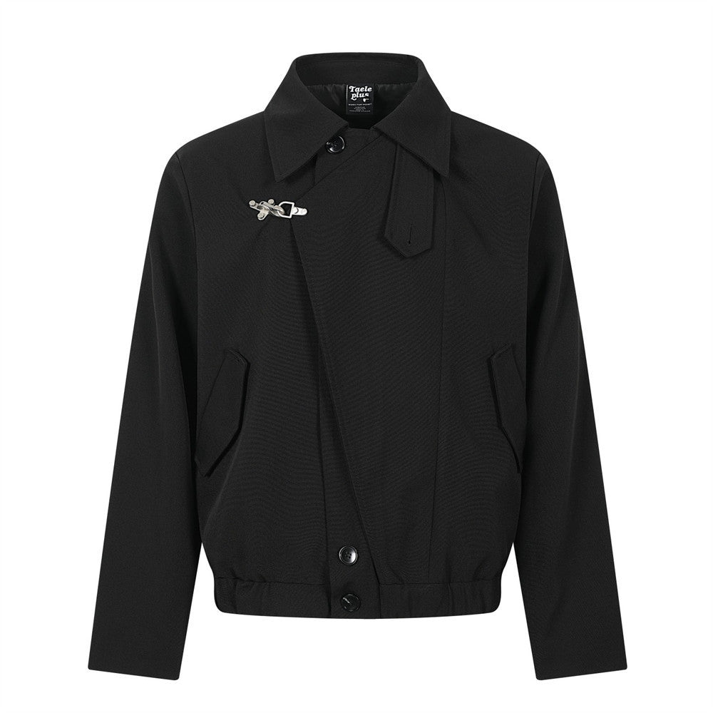 Men's short black asymmetric jacket with silver airplane clasp and diagonal placket, spread collar and elasticated hem, front