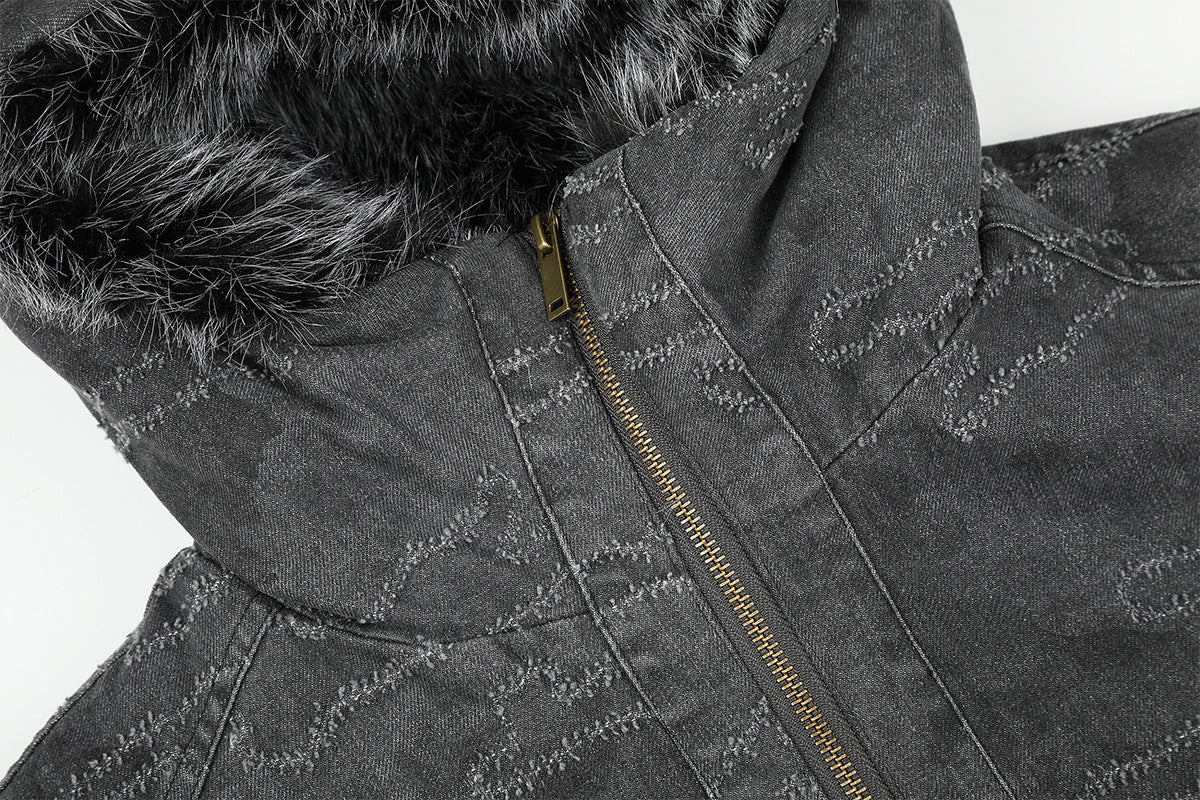 Camo Jacquard Padded Bomber Jacket with Faux Fur Hood