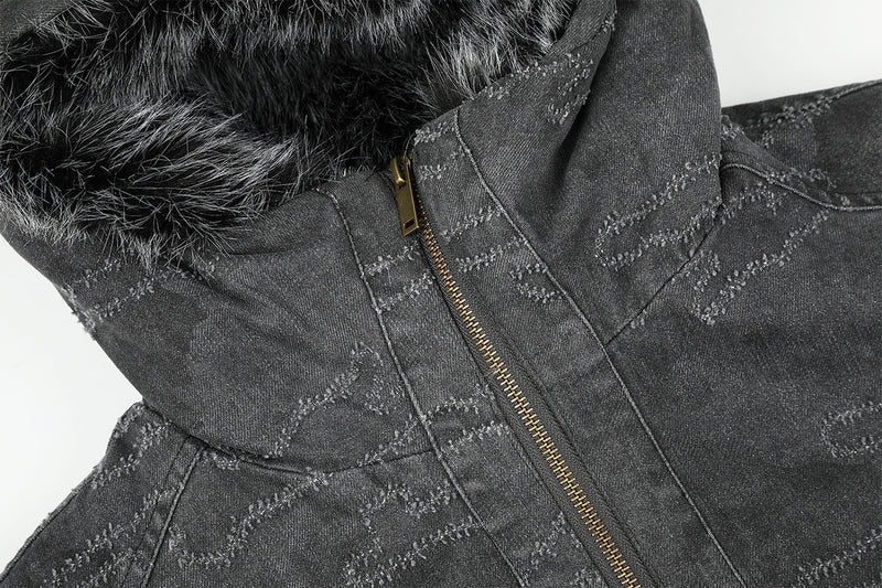 Camo Jacquard Padded Bomber Jacket with Faux Fur Hood