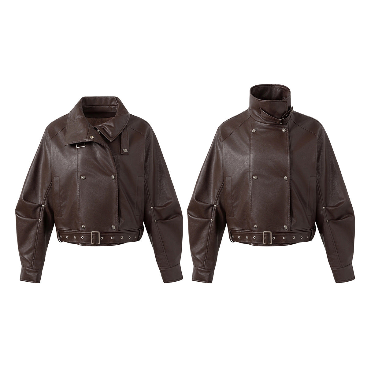 Dark brown vintage double-breasted faux-leather padded moto jacket with silver snap buttons and waist belt