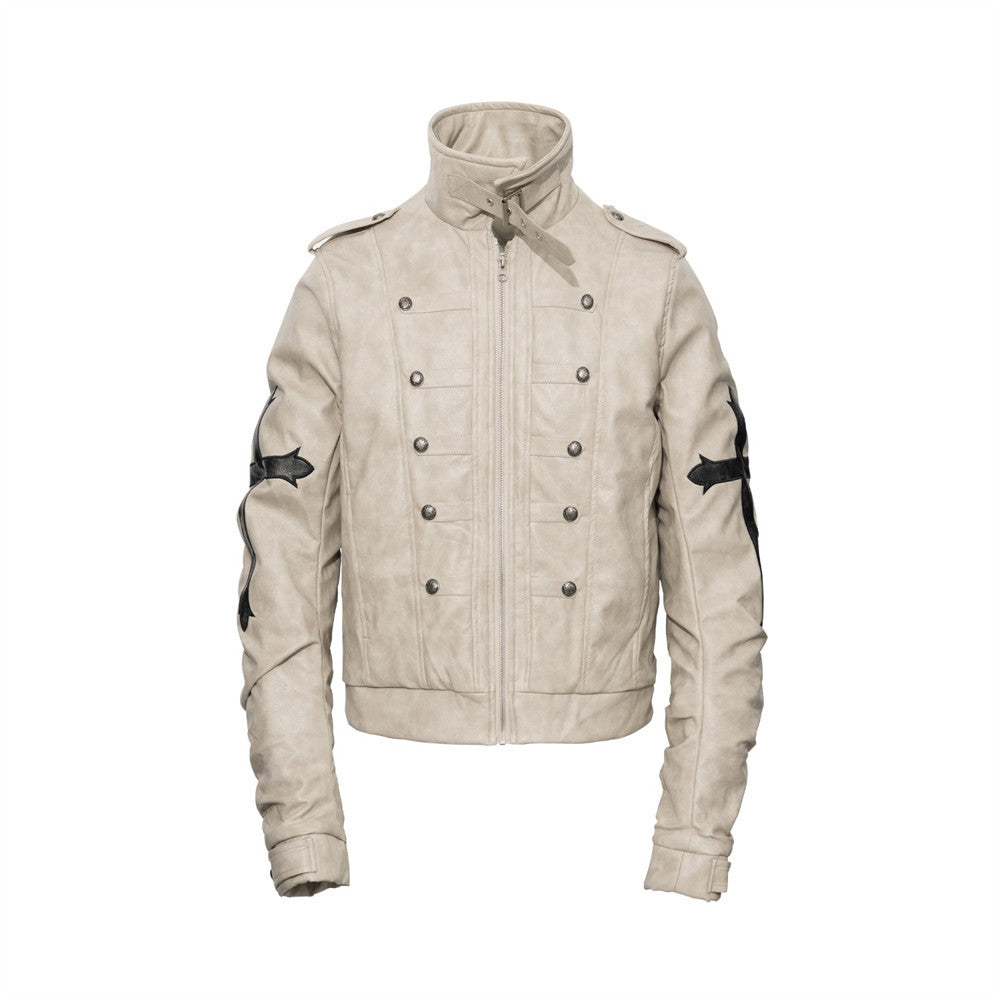 Gothic Cross Embroidered Padded PU Leather Moto Jacket – Double-Breasted Stand