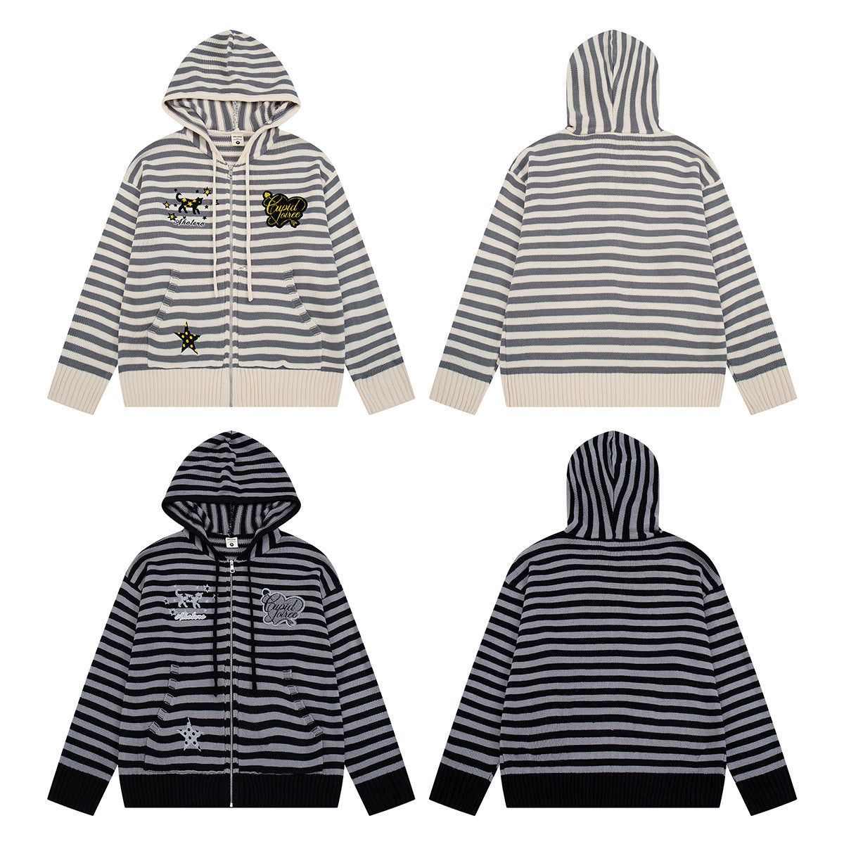 Y2K-Kapuzenjacke mit Reißverschluss – gestreifte Strickjacke mit Katzen- und Sternenstickerei
