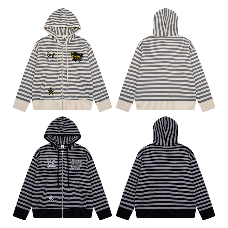 Y2K-Kapuzenjacke mit Reißverschluss – gestreifte Strickjacke mit Katzen- und Sternenstickerei