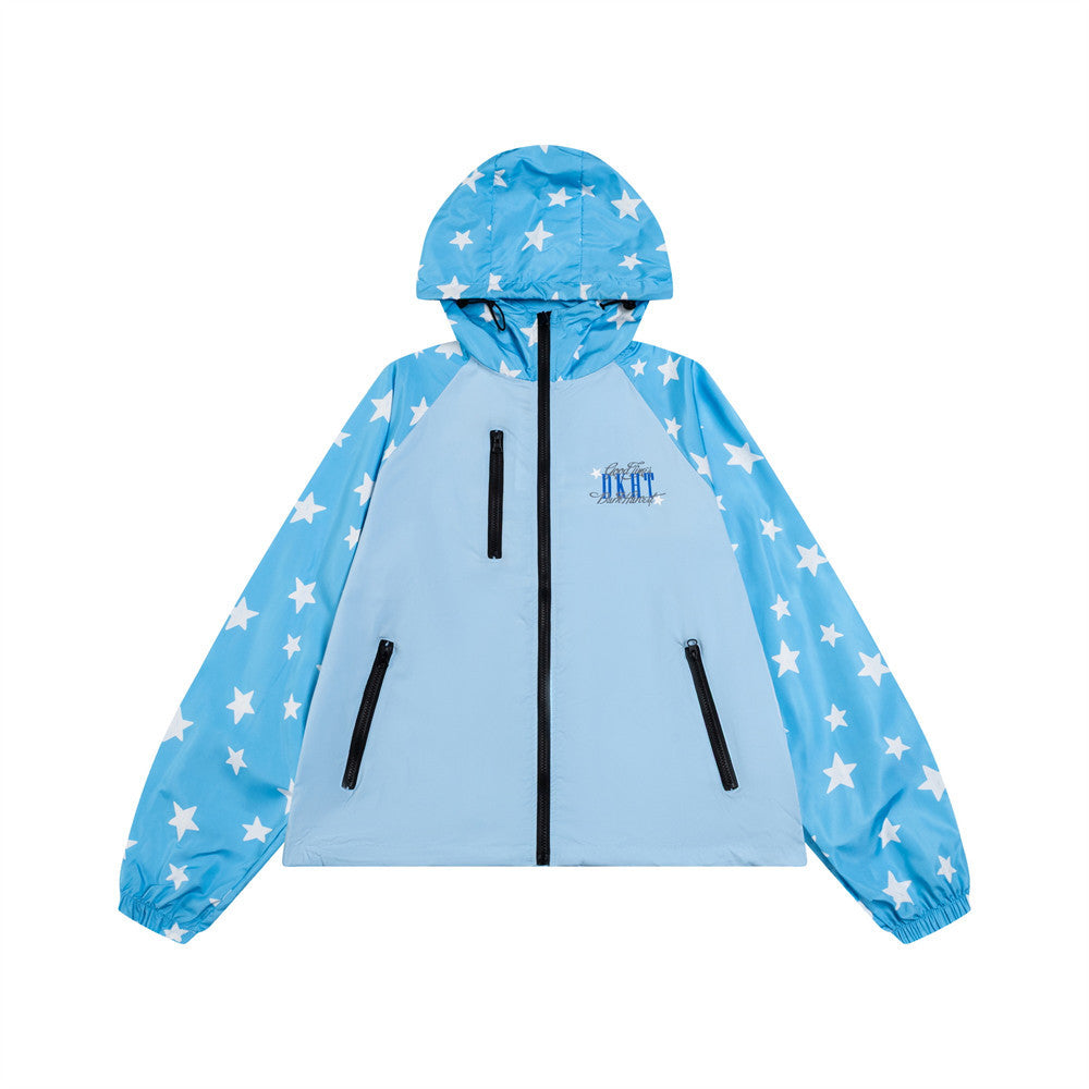 Dark Harvest star print colorblock raglan windbreaker jacket in sky blue with white star pattern on sleeves and hood