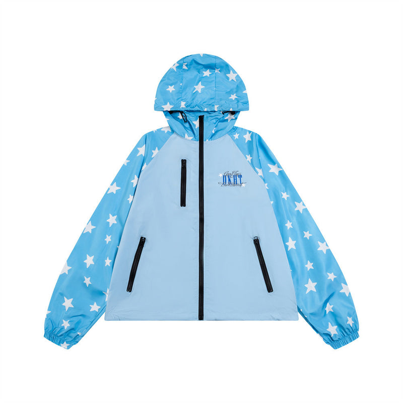 Dark Harvest star print colorblock raglan windbreaker jacket in sky blue with white star pattern on sleeves and hood