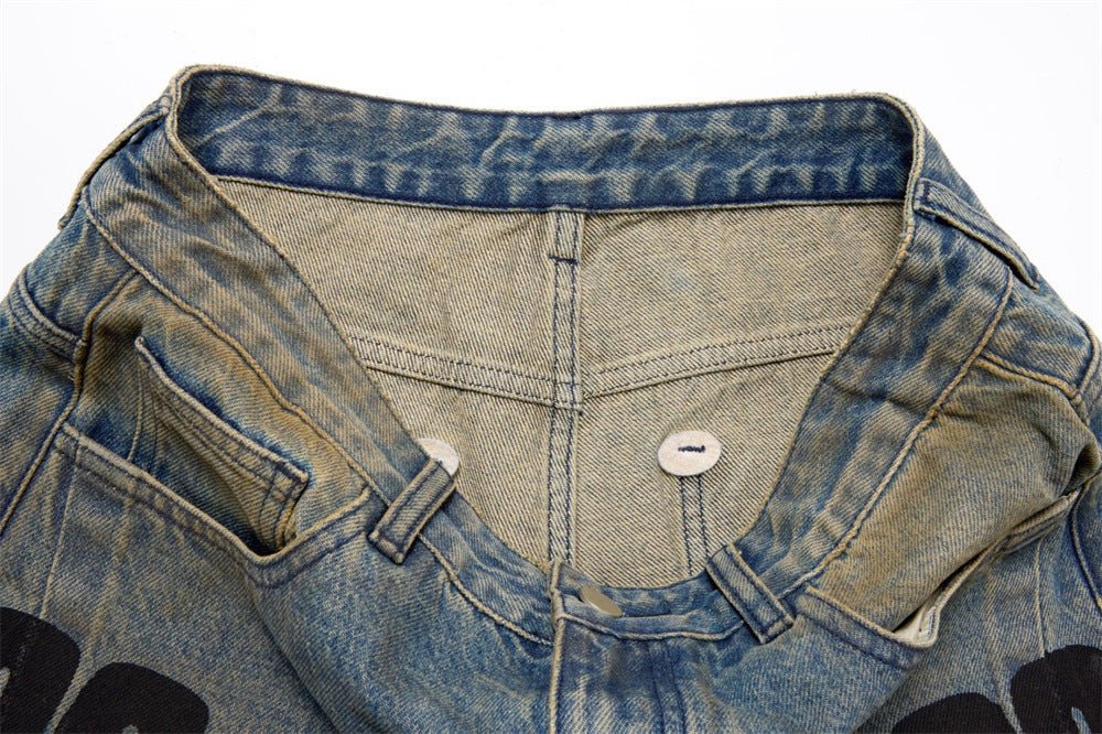 Men's Loose Fit Jeans Vintage Number Print Straight-Leg Baggy Denim Pants