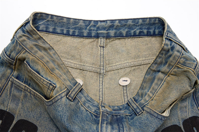 Men's Loose Fit Jeans Vintage Number Print Straight-Leg Baggy Denim Pants