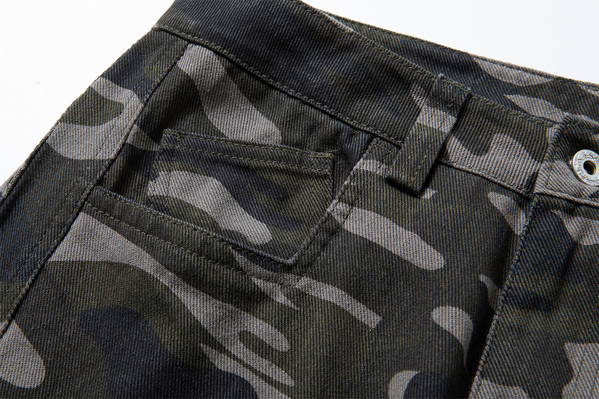 Pantalon cargo camouflage à jambes larges – Streetwear américain vintage délavé