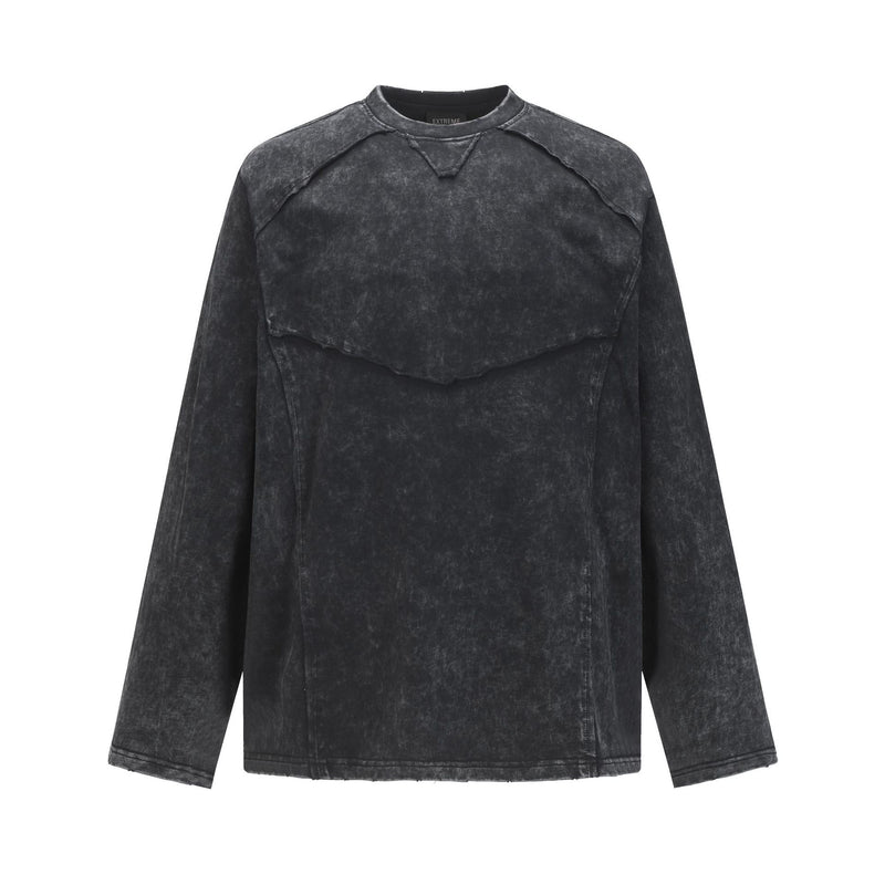 Pull homme gris à col rond – Délavé à l’acide, déstructuré, manches longues à bords bruts
