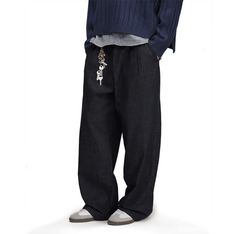 Wide-Leg Straight Casual Pants for Men — Relaxed Fit Pleated Denim Trousers