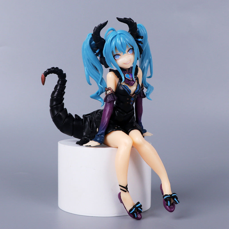 The Hatsune Miku Little Demon Sitting Pose 11cm PVC Figure features a character with long blue hair, a black dress, purple gloves, black horns, and a scorpion-like tail on a white platform. Her mischievous smile makes it an enchanting addition to any anime collection.