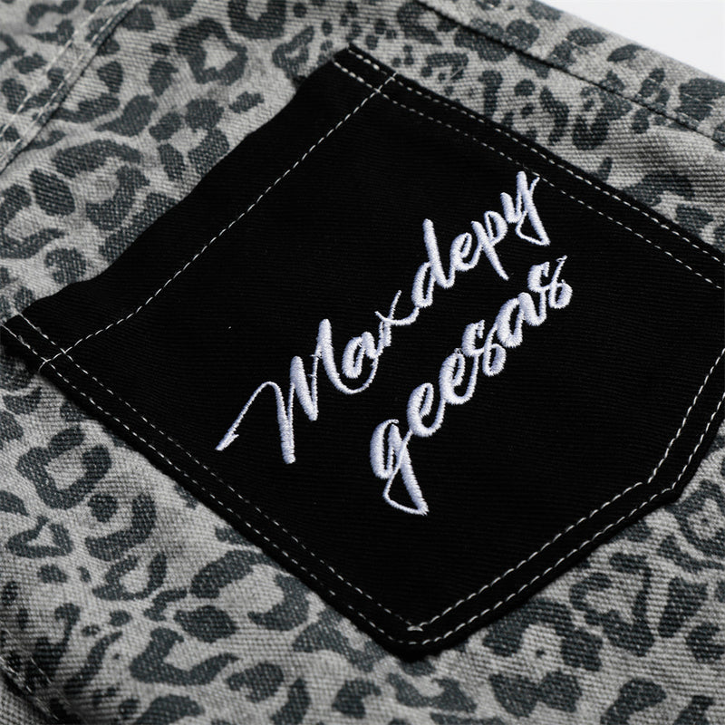 Leopard Print Wide-Leg Cargo Pants – Contrast Pocket Embroidered Streetwear Trou