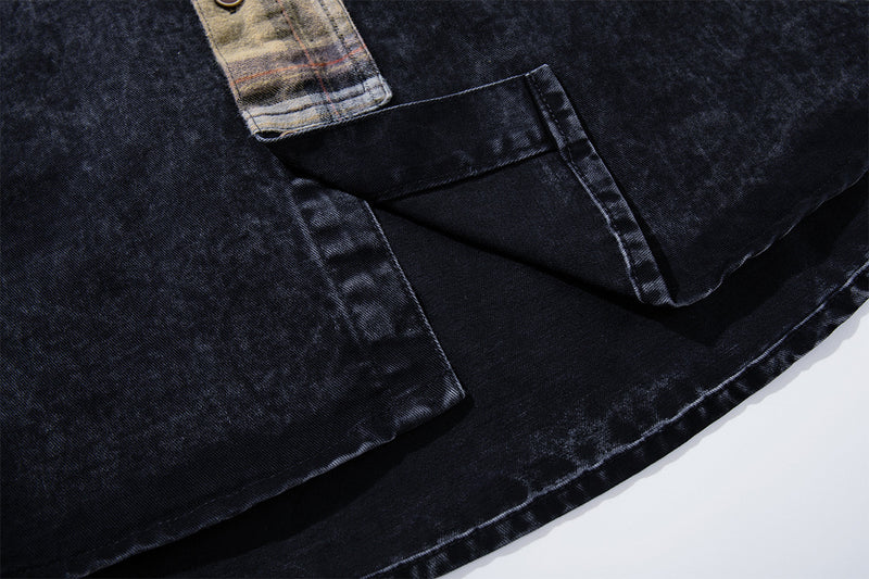 Patchwork Plaid Washed Denim Shirt – Oversized Vintage Nomad Style