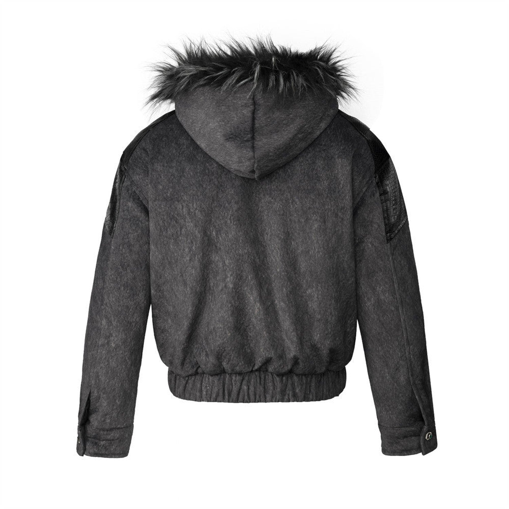 Men's Faux Fur Trim Hooded Bomber Jacket with PU Leather Panel & Snap Buttons