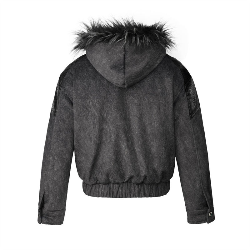 Men's Faux Fur Trim Hooded Bomber Jacket with PU Leather Panel & Snap Buttons