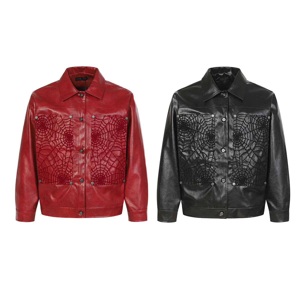 Spiderweb Embroidered PU Leather Jacket – Oversized Moto Fit