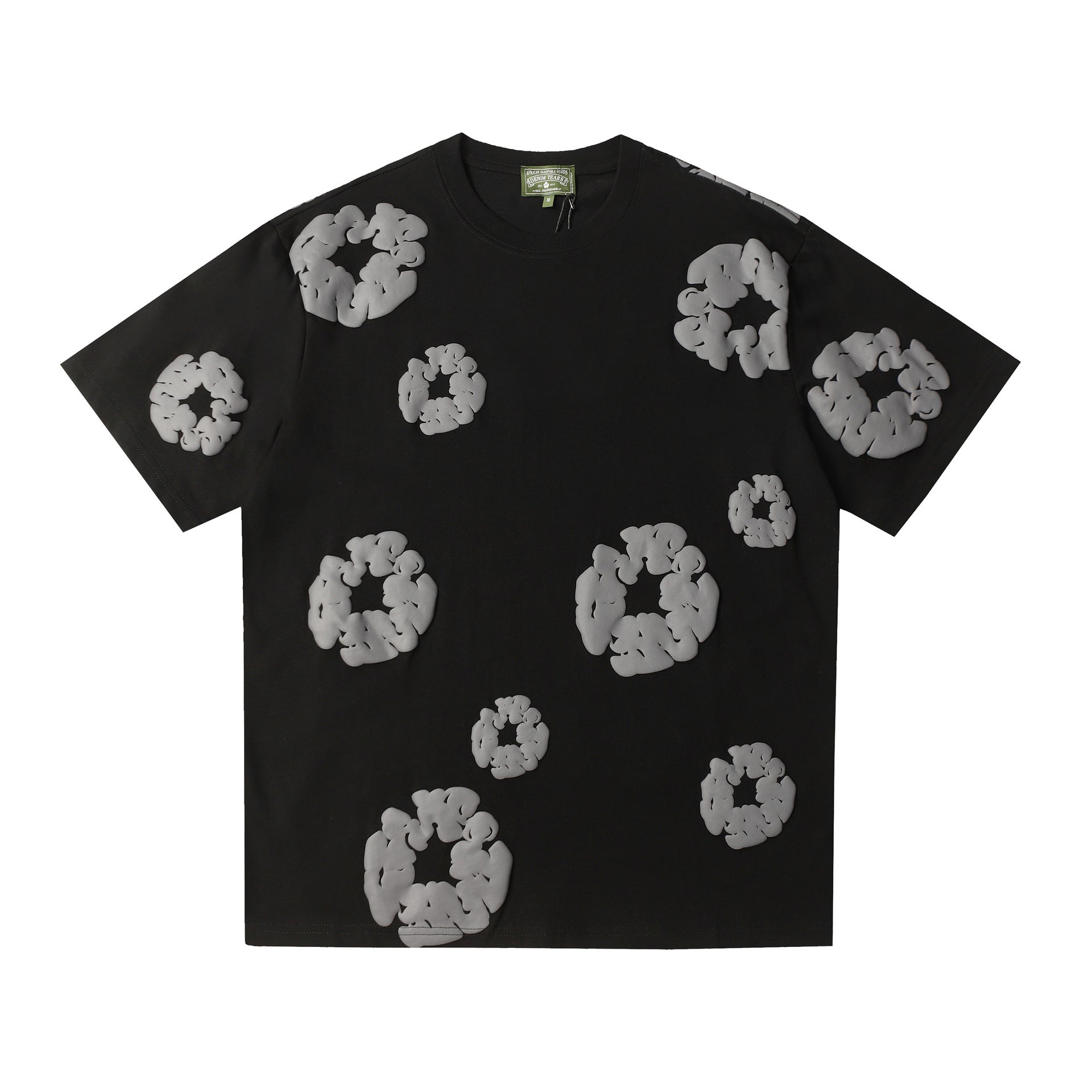 Denim Tears black cotton T-shirt with allover grey puff-print wreath pattern on front and sleeves