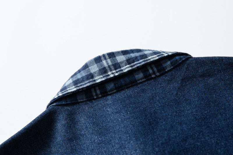 Long Sleeve Oversized Shirt – Denim & Plaid Splice Faux Two-Piece Design