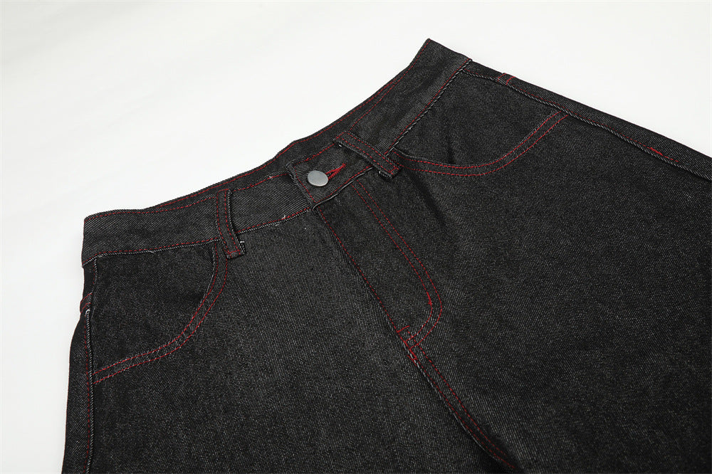 Wide-Leg Barrel Jeans – Men's High-Street Curved Silhouette with Red Stitching