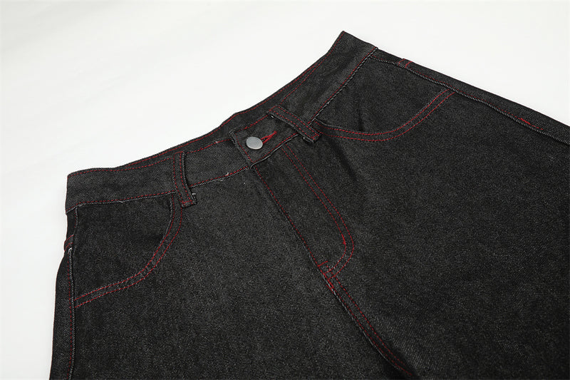 Wide-Leg Barrel Jeans – Men's High-Street Curved Silhouette with Red Stitching