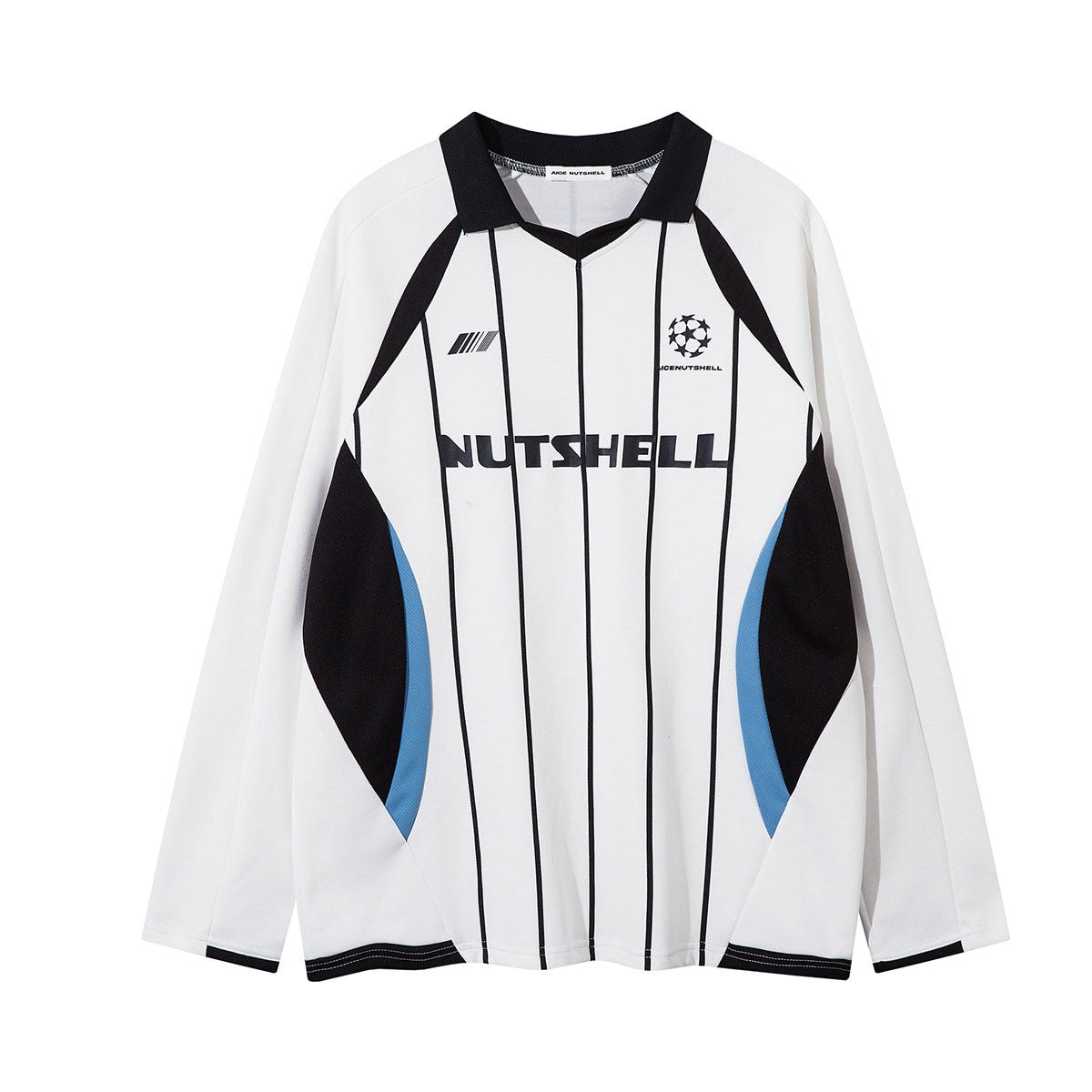 NUTSHELL oversized long sleeve retro soccer jersey in off-white with black pinstripes and blue geometric chest panels
