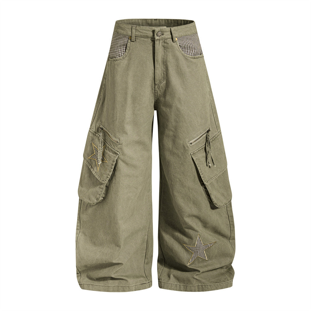 Wide-Leg Cargo Pants – Star Patch, Plaid Detail & Multi-Pocket Baggy Fit