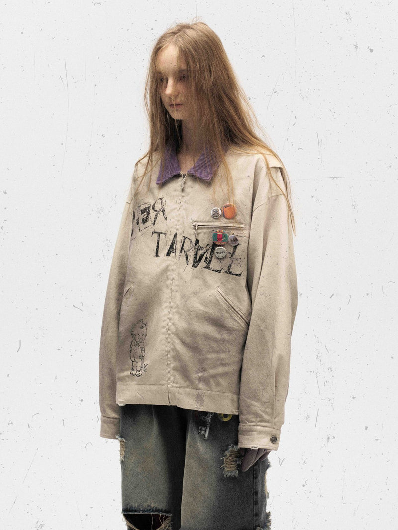 Veste zippée à imprimé graphique – Coton délavé effet usé, col violet et badge