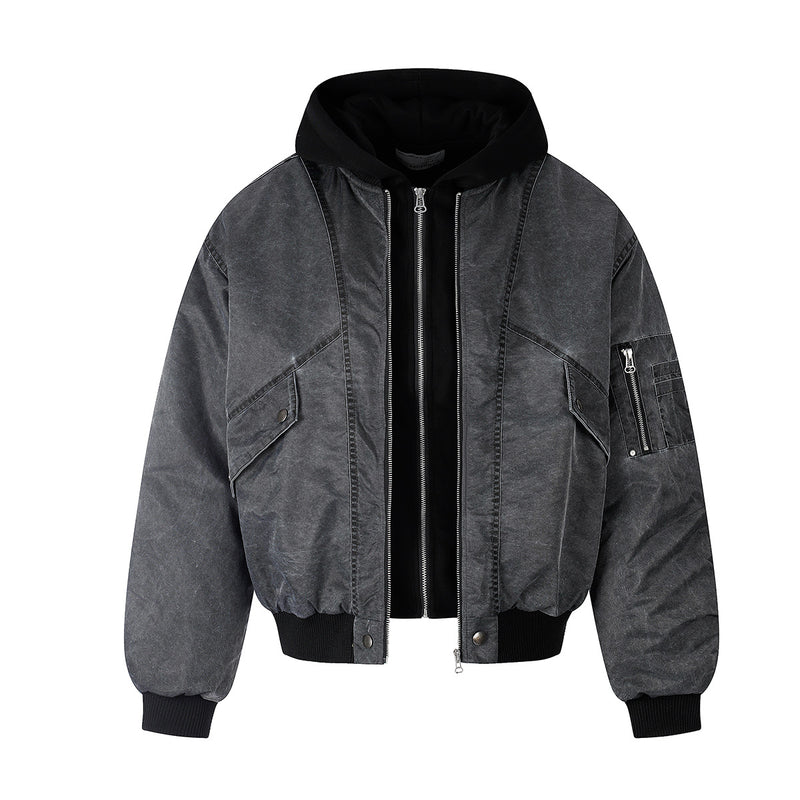 Oversized Padded Bomber Jacket – Faux Two-Piece Hooded Cotton Outerwear