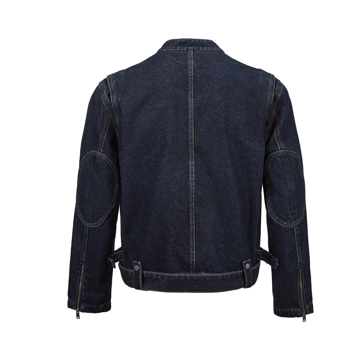 Veste biker moto en denim – Col montant indigo foncé, poches zippées et base ceinturée